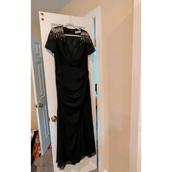 Ieena For Mac Duggal Beaded Sequin Embellished Shoulder Black Maxi Dress 12 NWOT - Picture 2 of 6